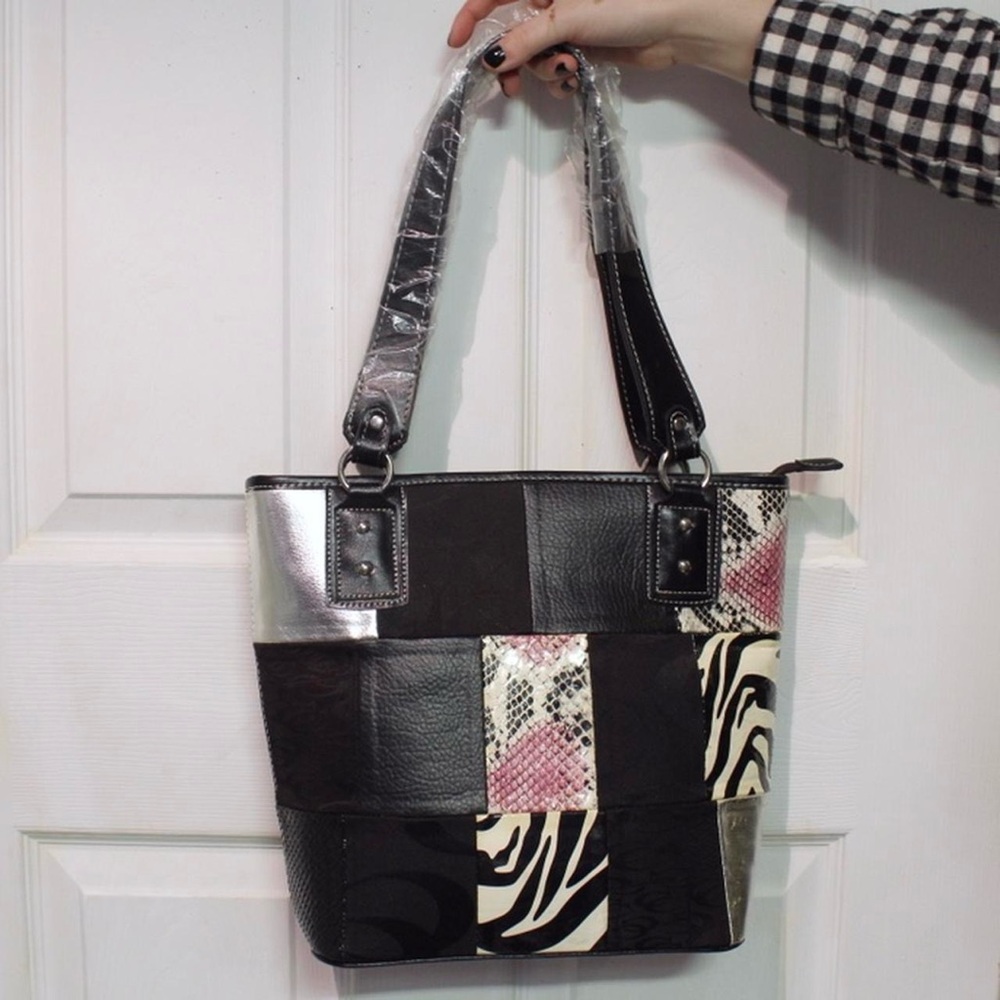 Chic Patchwork Shoulder Bag - Black, Silver, Pink - image 1